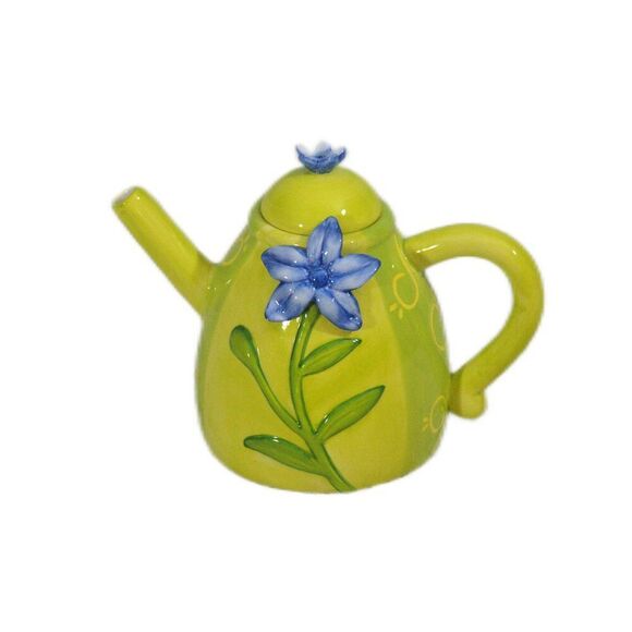 Burton & Burton Green Ceramic Teapot with Blue Flower Hand Painted Floral Lid - Picture 1 of 4